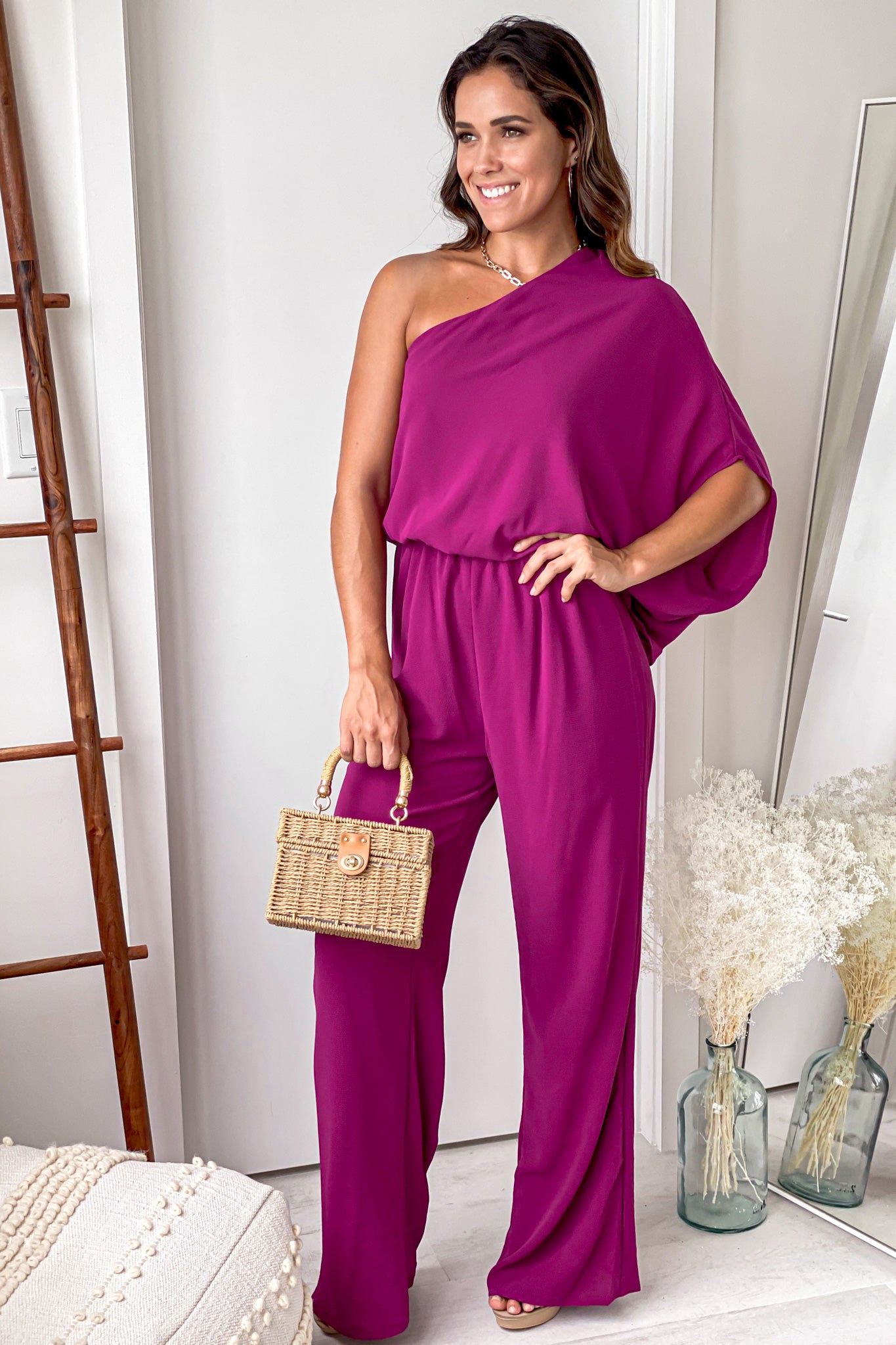 Magenta One Shoulder 3/4 Sleeve Jumpsuit | Jumpsuits – Saved by the Dress
