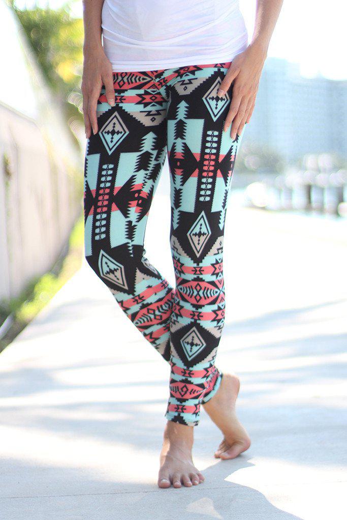 Mint And Coral Aztec Leggings | Tribal Leggings – Saved by the Dress