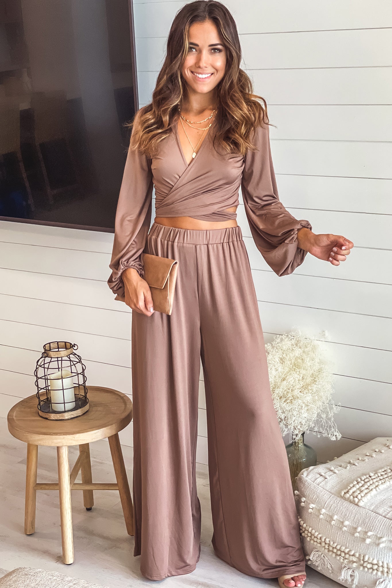 Mocha Long Sleeve Top and Pants Set | Online Boutiques – Saved by the Dress