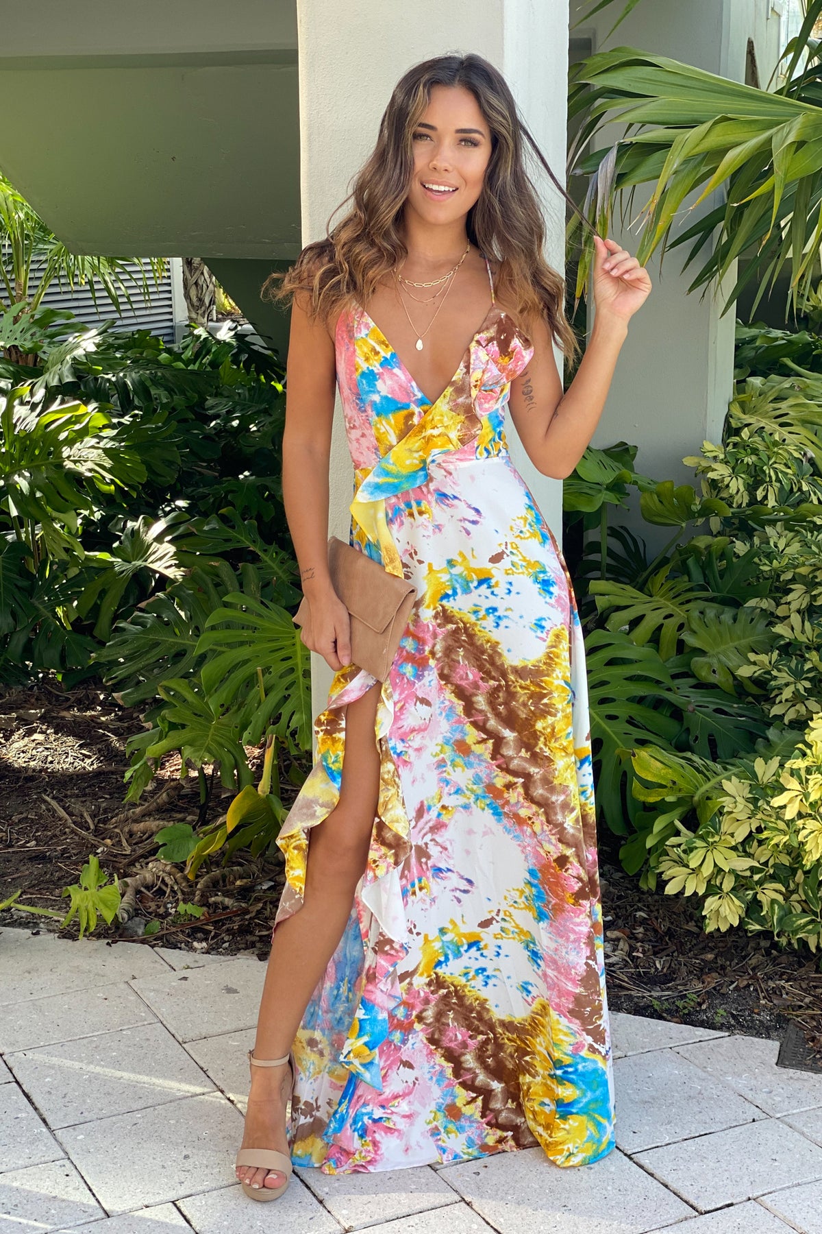 Multi Color Ruffled Maxi Dress With Slit | Maxi Dresses – Saved by the ...