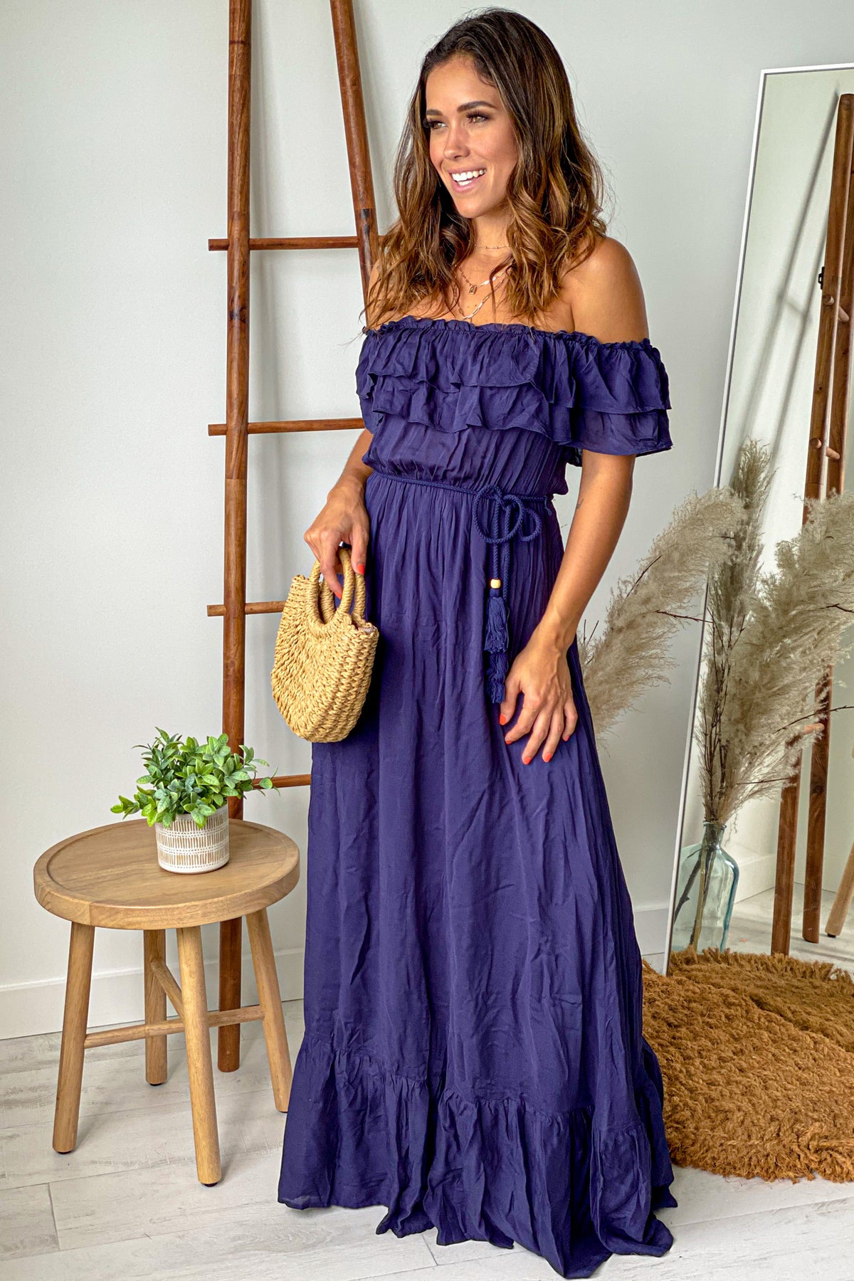 Navy Off Shoulder Maxi Dress with Tassel Belt | Maxi Dresses – Saved by ...