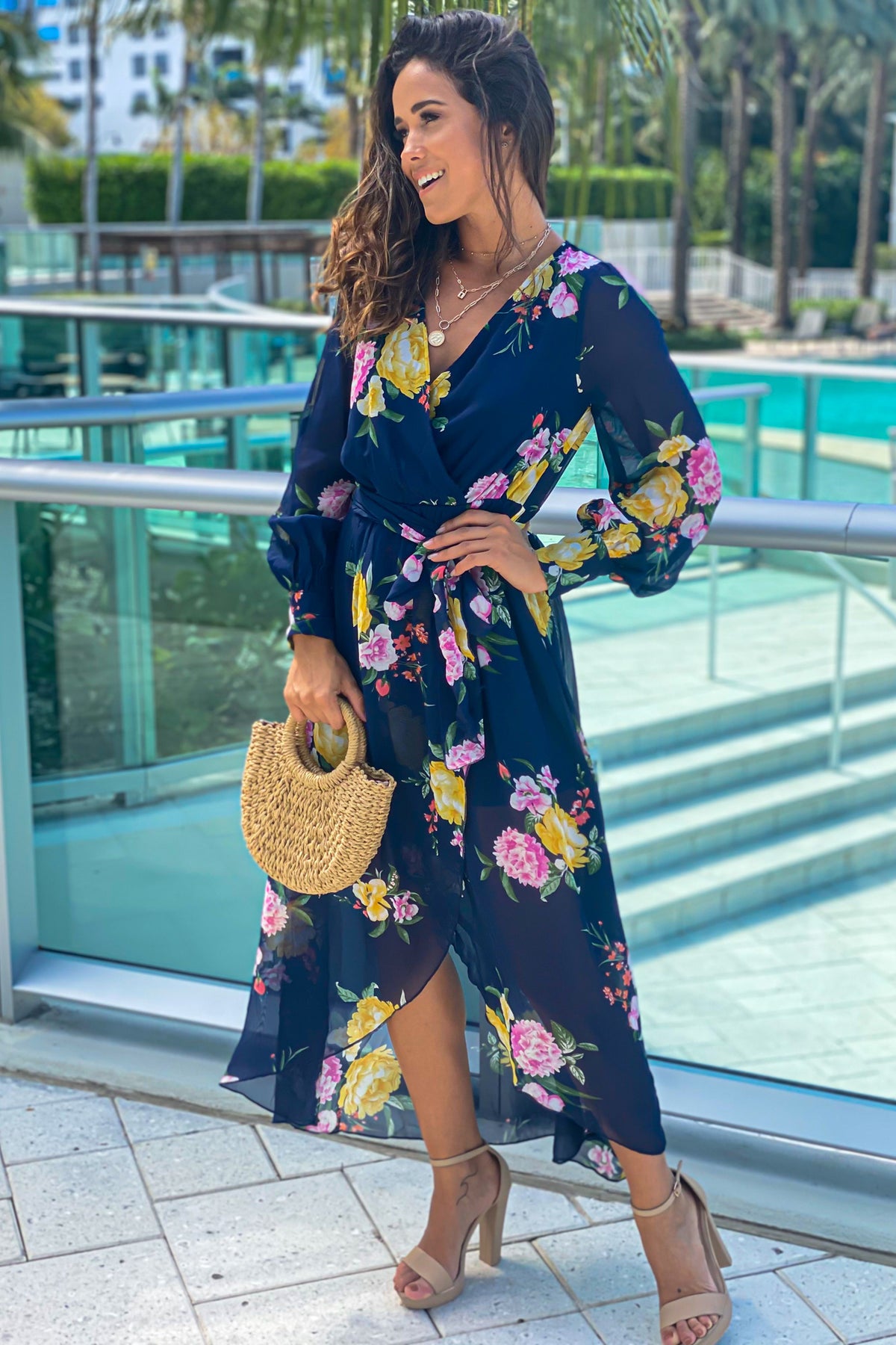 Navy Floral High Low Dress With Long Sleeves | Beautiful Dresses ...