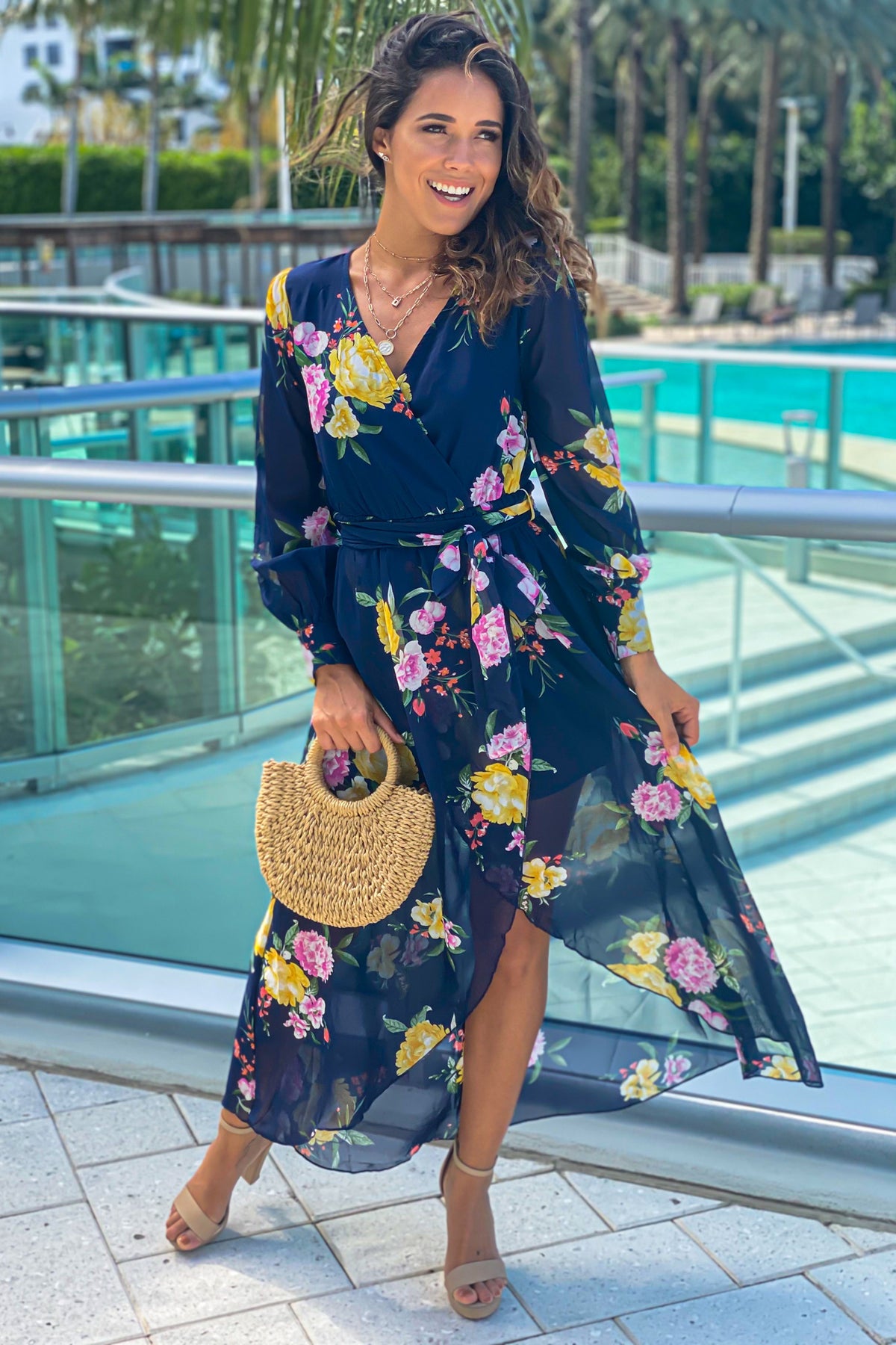 Navy Floral High Low Dress With Long Sleeves | Beautiful Dresses ...