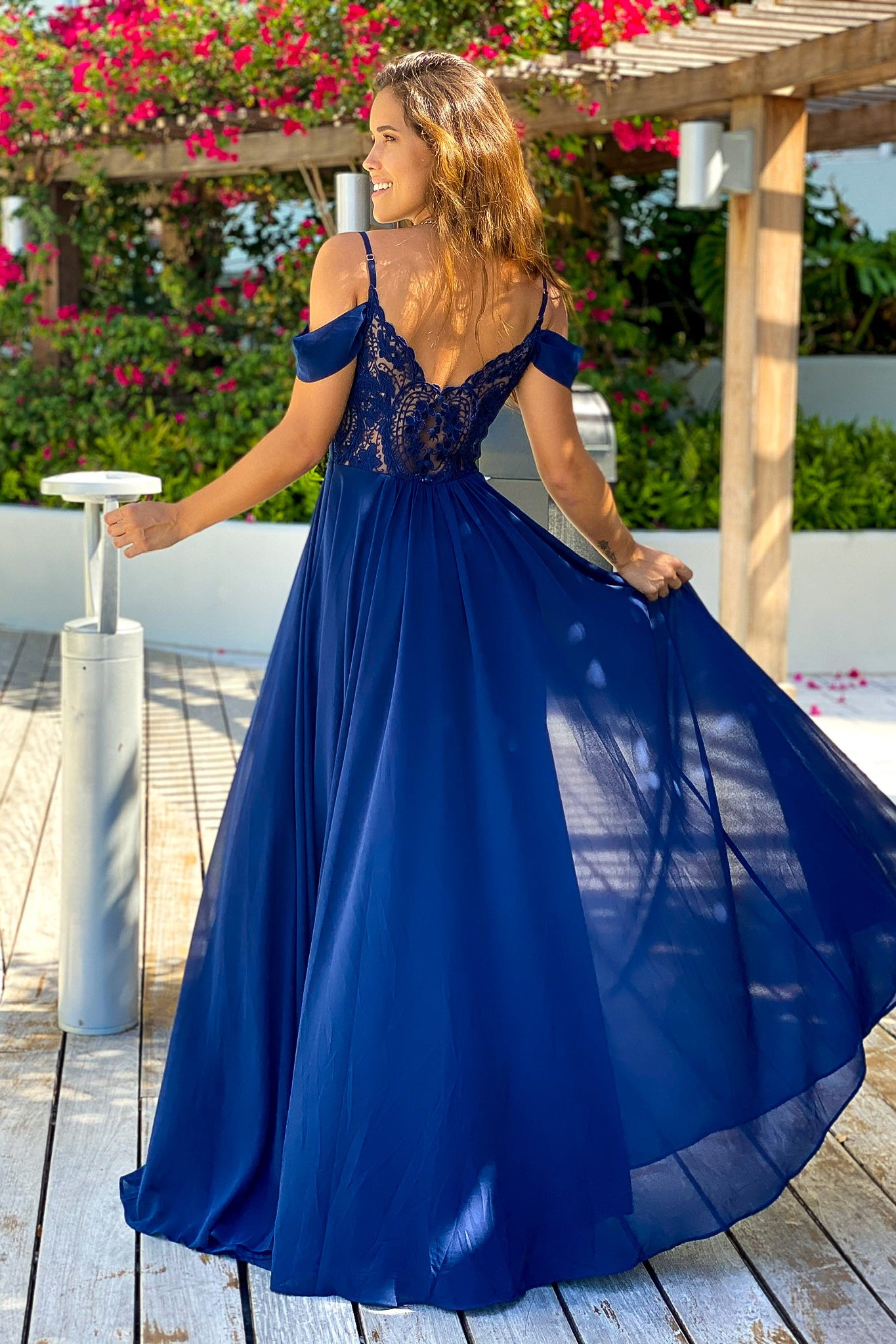 off shoulder navy maxi dress