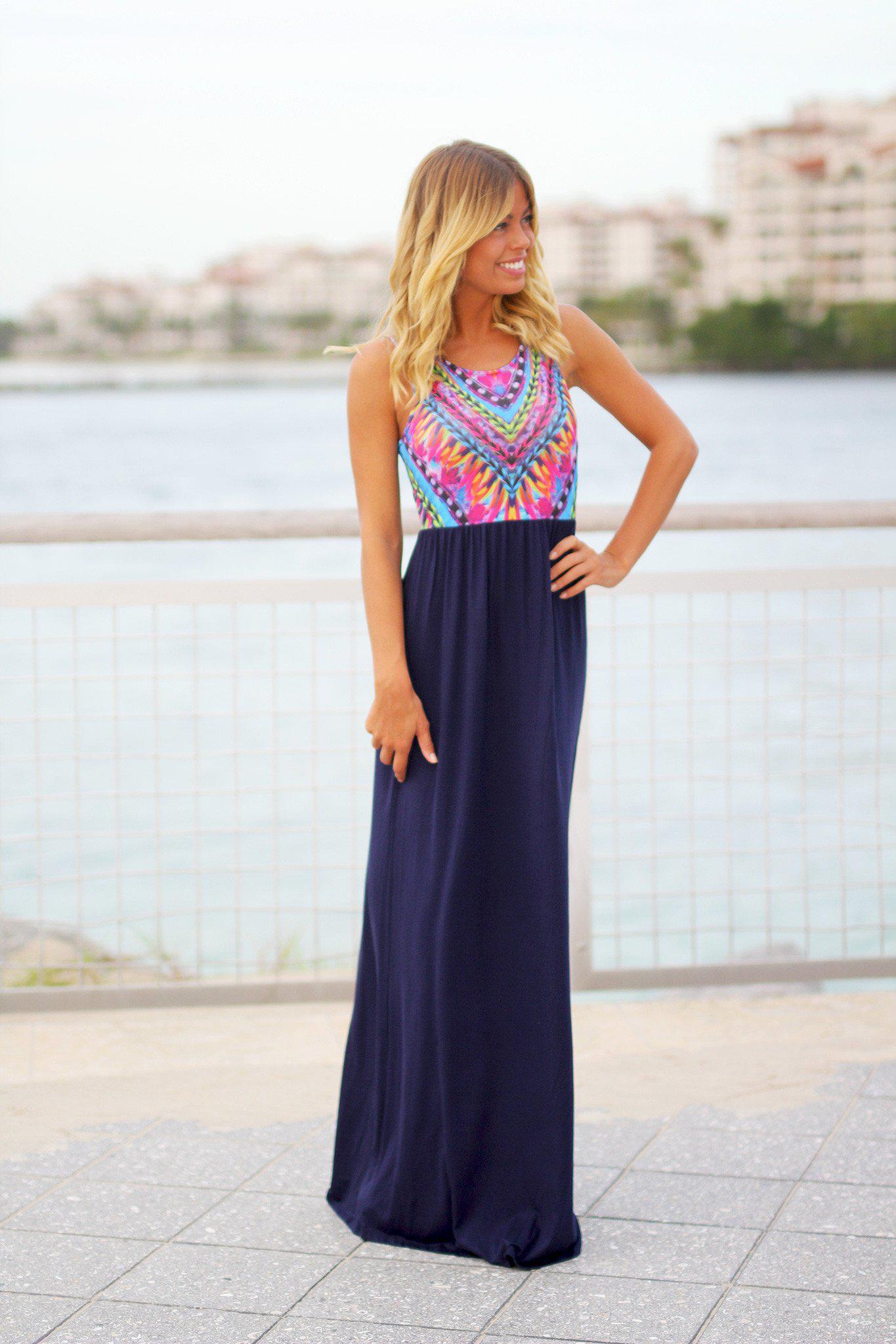 Navy Maxi Dress With Tribal Top | Maxi Dresses – Saved by the Dress