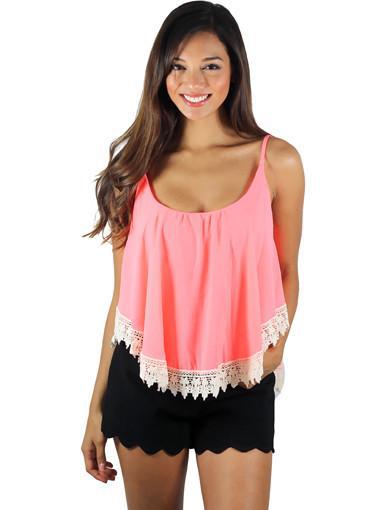 Neon Coral Crop Top With Crochet Trim | Neon Coral Top – Saved by the Dress