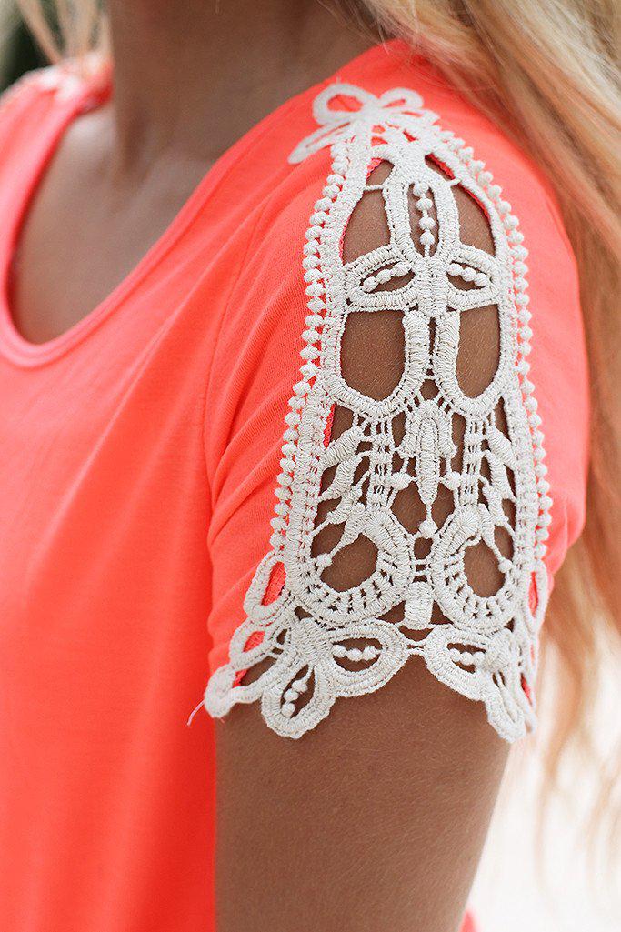 Neon Coral Top With Crochet Sleeves | Short Sleeve Top – Saved by the Dress