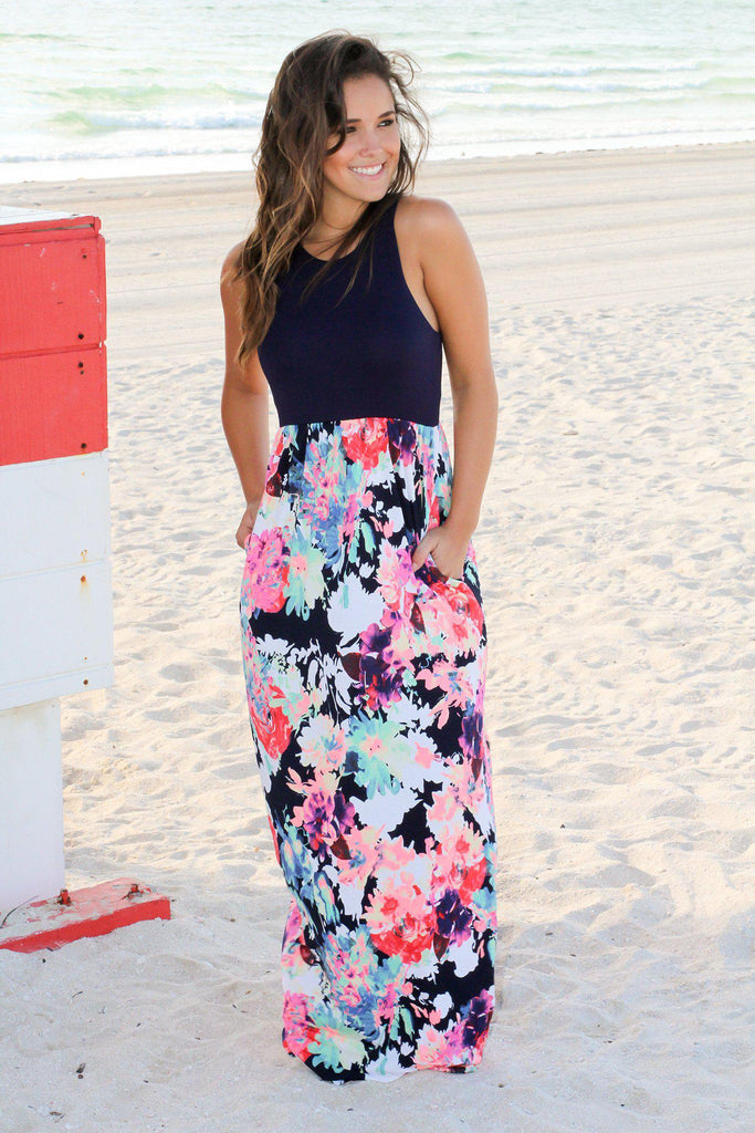Neon Floral Maxi Dress with Navy Top | Maxi Dresses – Saved by the Dress