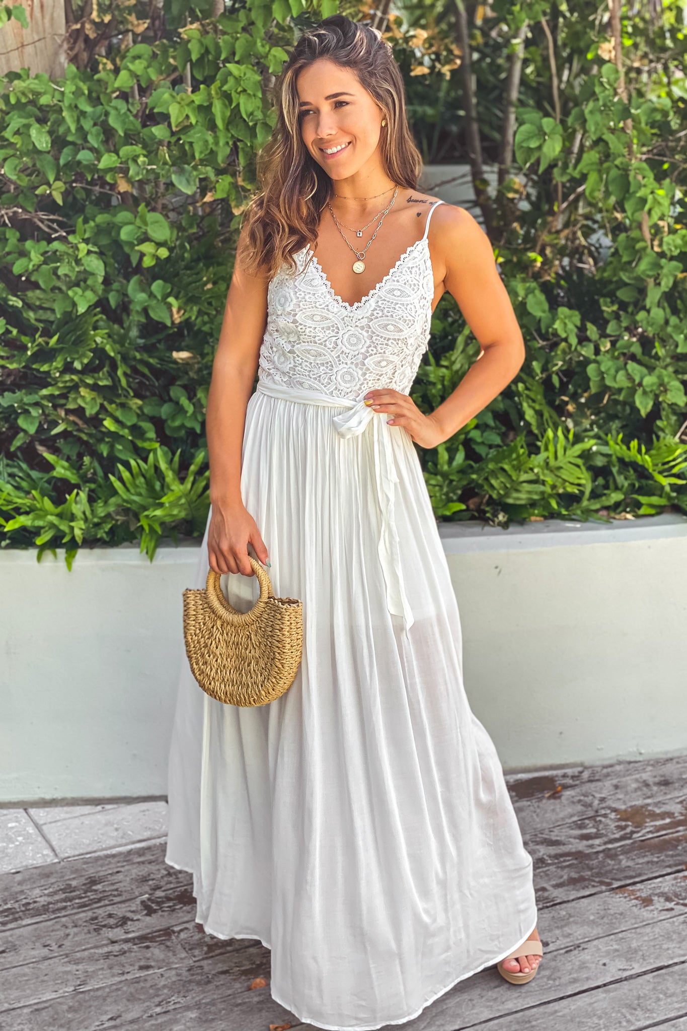 Off White Maxi Dress With Crochet Top And Belt | Formal Dresses – Saved ...