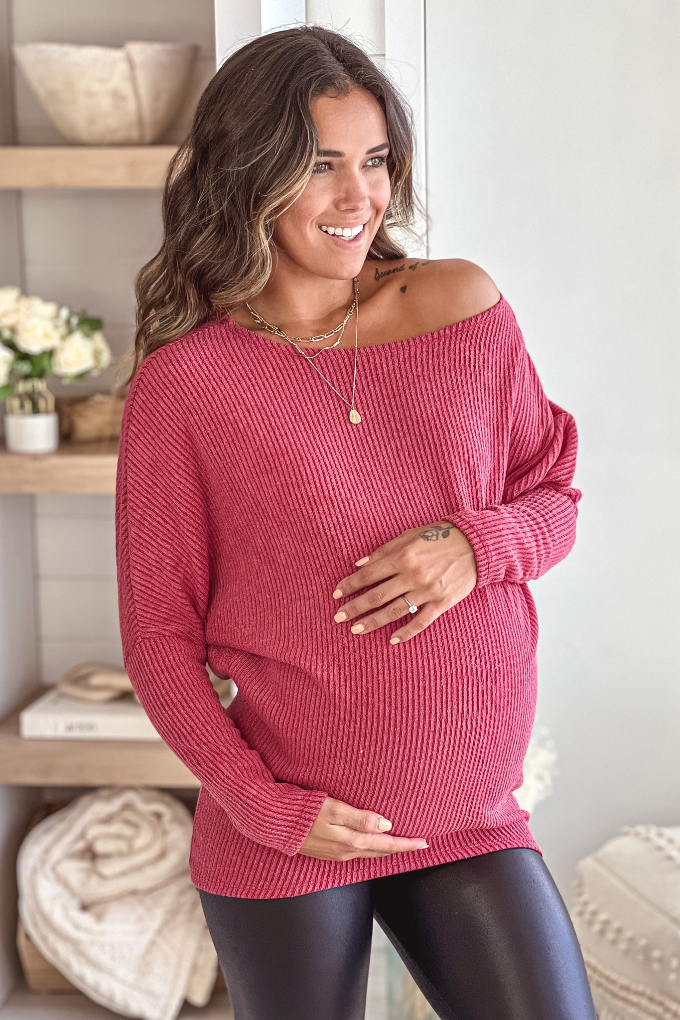 Red Knit Boat Neck Dropped Shoulder Long Sleeve Maternity Top