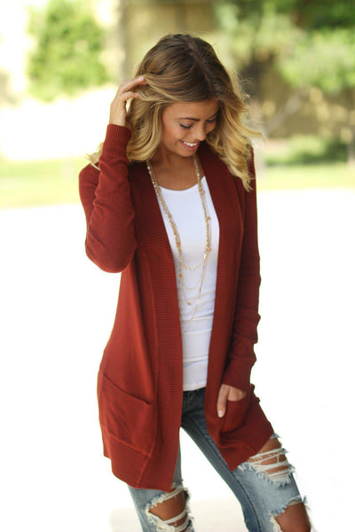Rust Cardigan with Pockets | Open Front Cardigan | Cute Cardigan ...