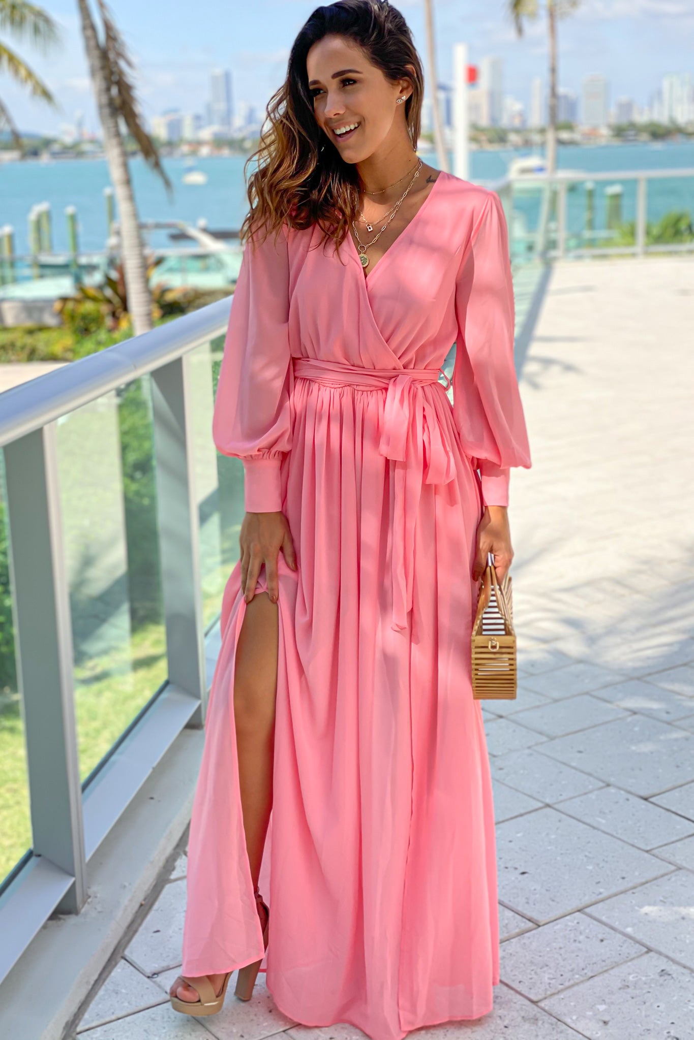 Salmon Maxi Dress With Long Sleeves And Slit | Maxi Dresses – Saved by ...