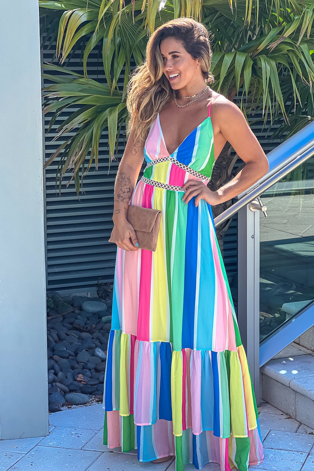 Blush Striped Multi Color Maxi Dress With Criss Cross Back – Saved by ...