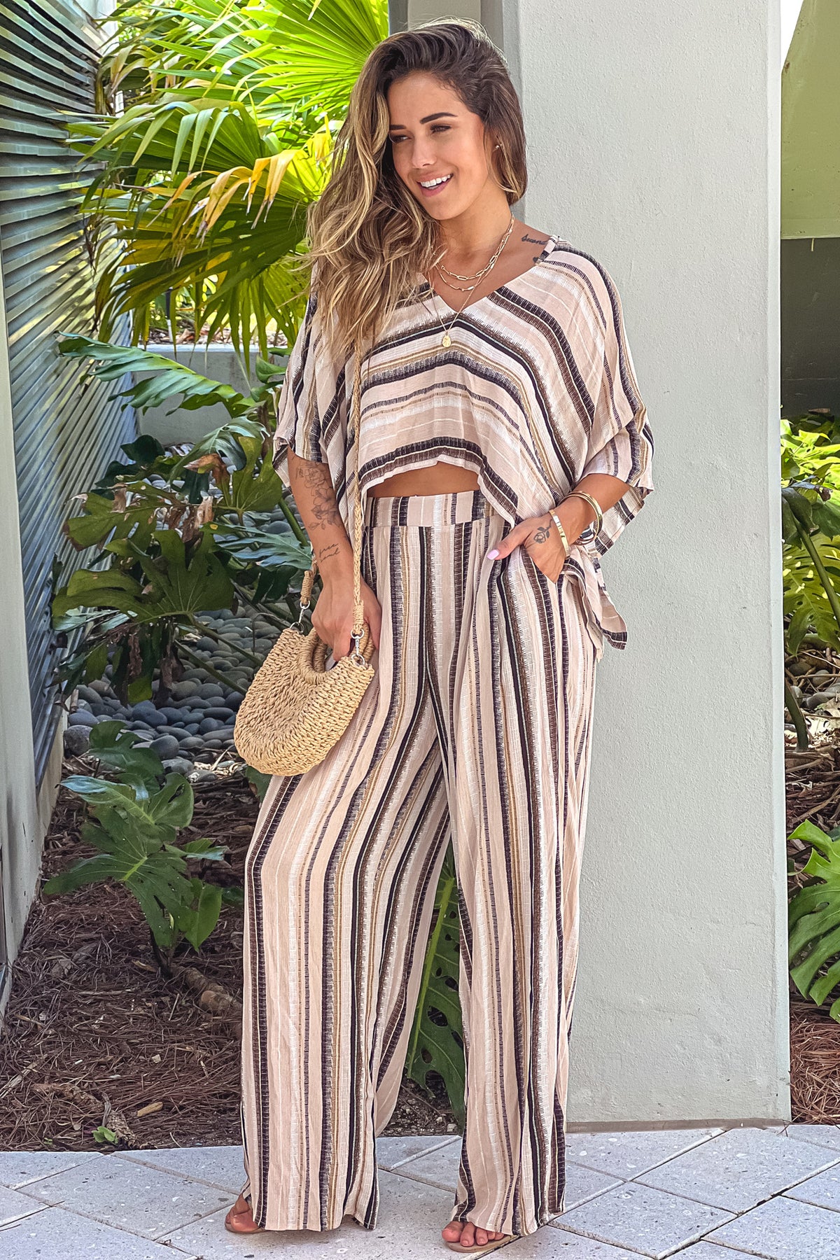 Taupe Striped Top And Pants Set | Online Boutiques – Saved by the Dress