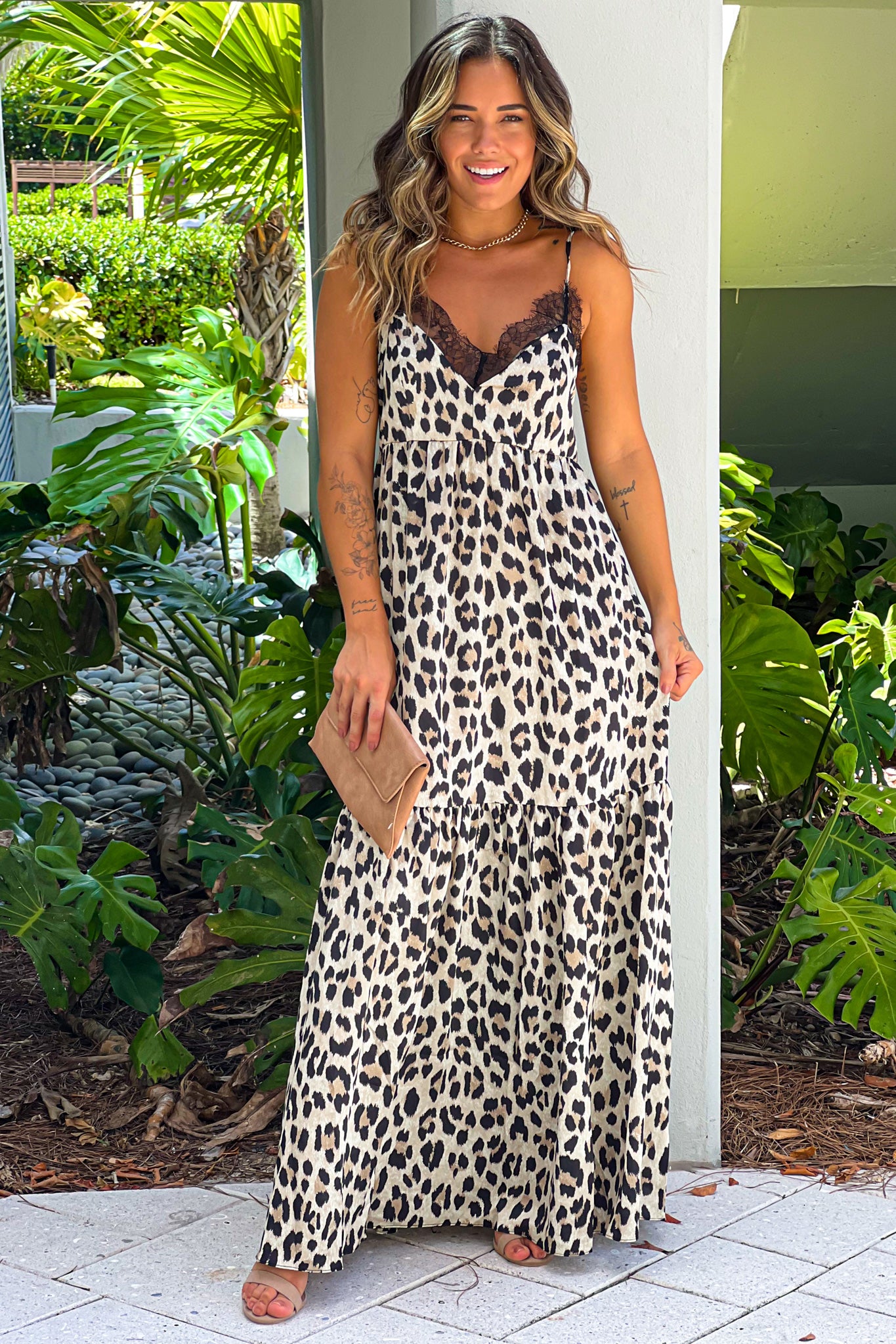 Taupe Leopard Print Satin Maxi Dress With Lace Detail | Vacation Maxi ...