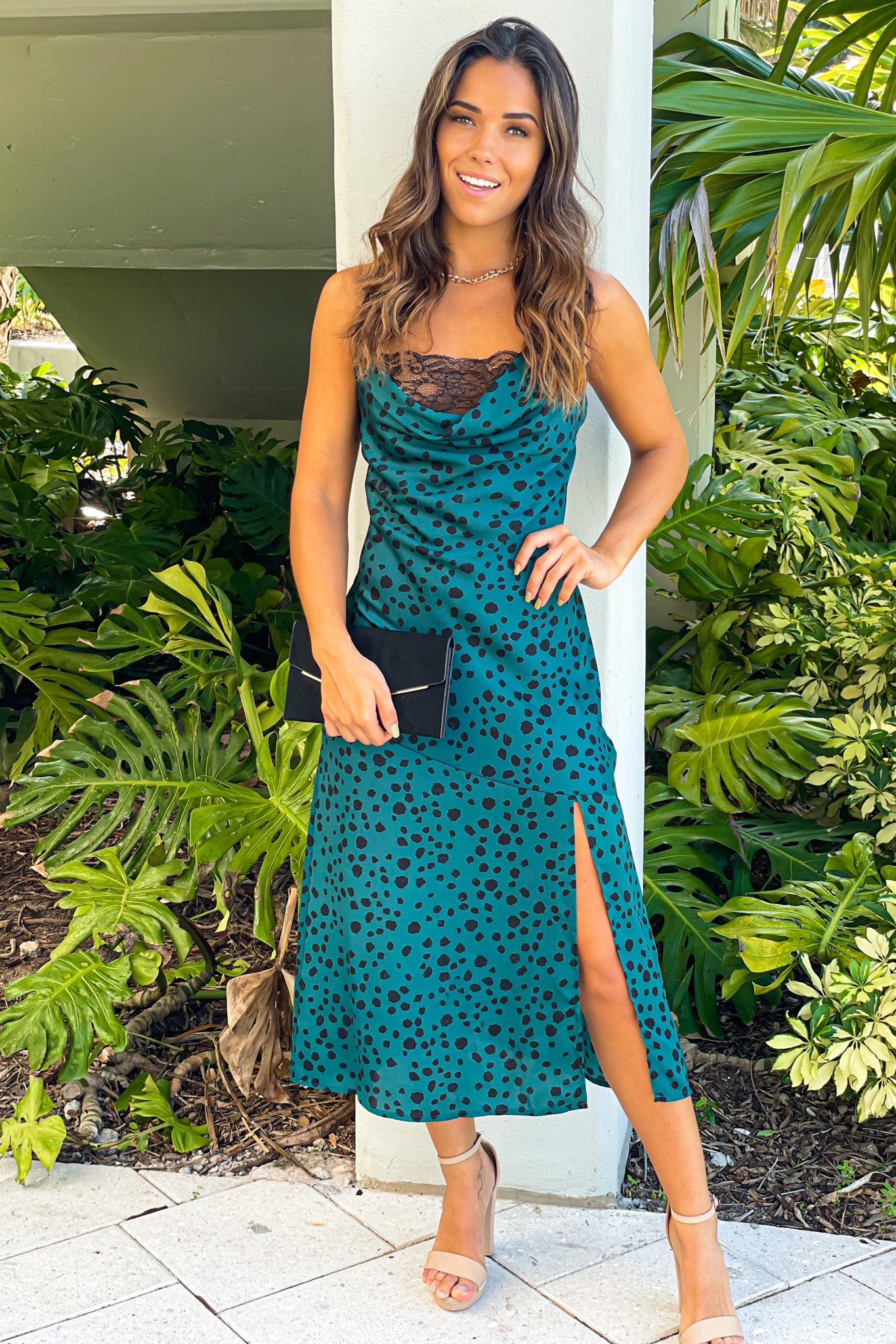Teal Printed Midi Dress With Lace Detail | Beautiful Dresses – Saved by ...