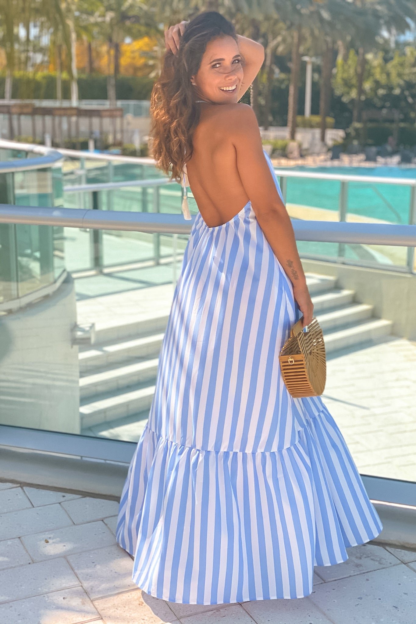 White And Blue Striped Maxi Dress With Open Back | Maxi Dresses – Saved