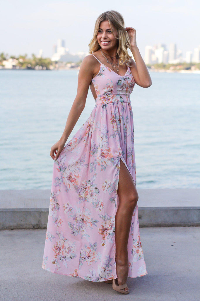 Pink Floral Maxi Dress with Open Back and Side Slit | Maxi Dresses ...