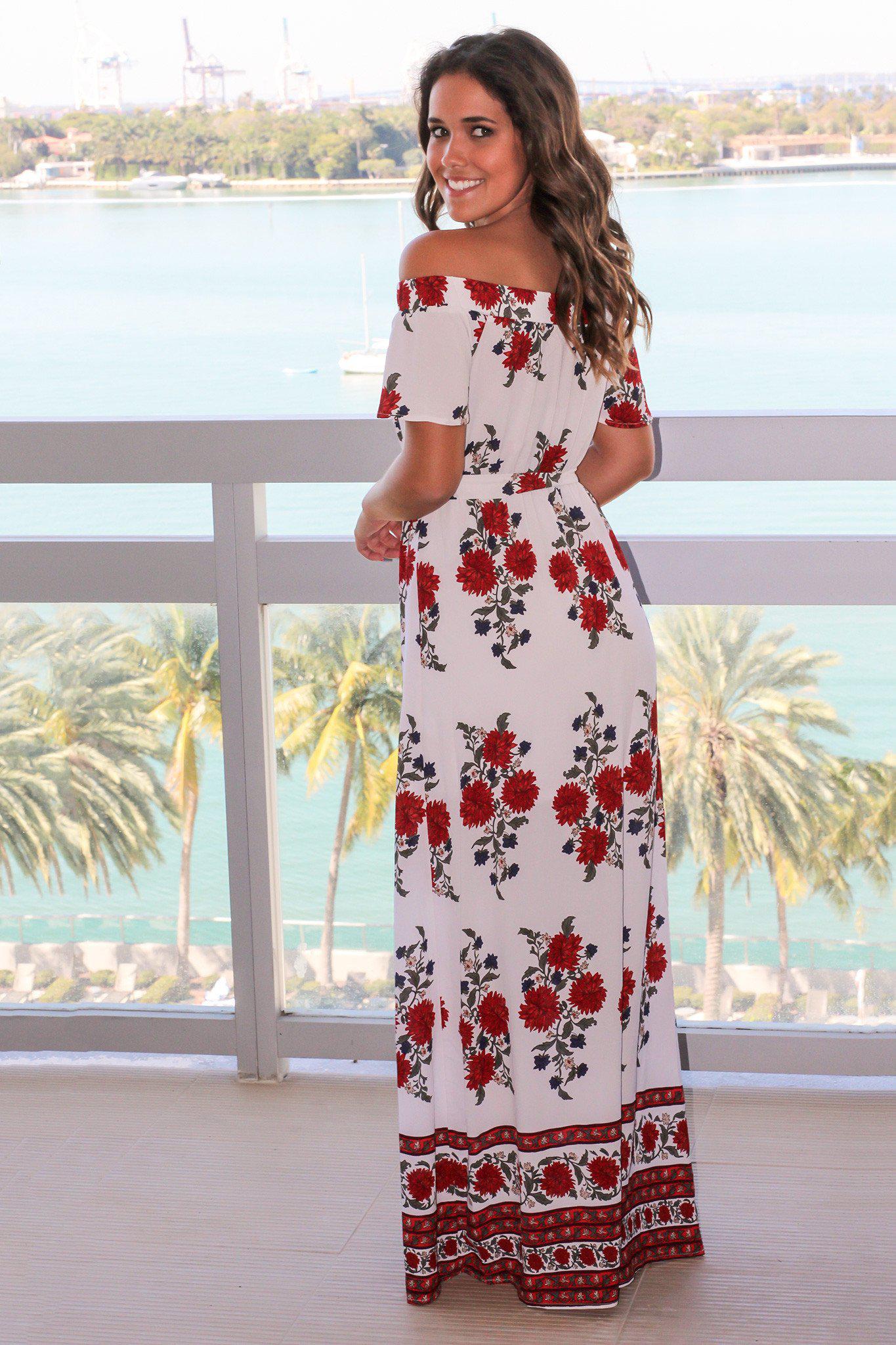 white floral off the shoulder maxi dress