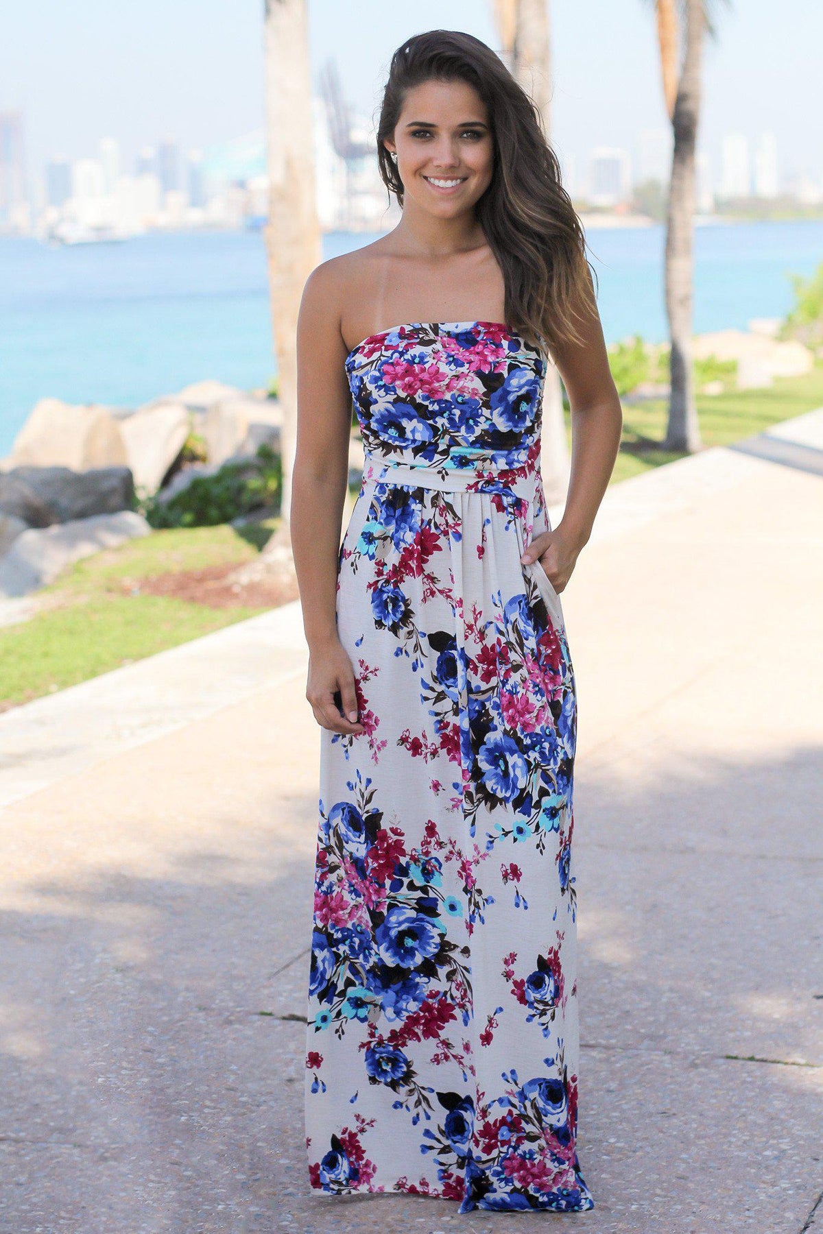 Cream Strapless Floral Maxi Dress with Pockets | Maxi Dresses – Saved ...