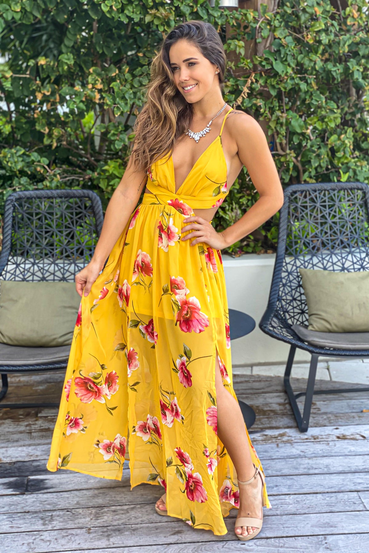 Yellow Floral Maxi Dress With Cut Outs Maxi Dresses Saved By The Dress 6113