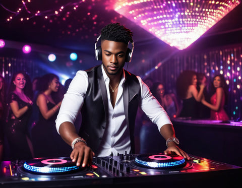 handsome young black DJ spinning music on a deck in a disco hall with people dancing in the background