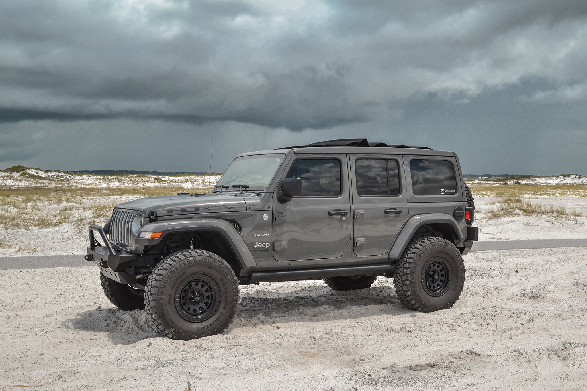 overland sector wheels gray Jeep Wrangler on 17x9 satin black venture wheels on beach