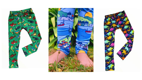 image of two pairs of hemmed childrens leggings in bright colours, and an image of a child wearing blue seaside print leggings