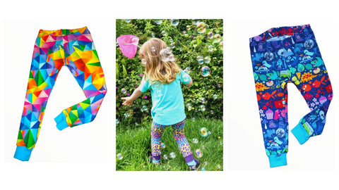 image of two pairs of colourful childrens leggings centred around an image of a small blonde haired child wearing leggings