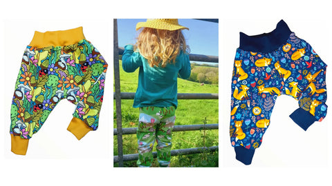 image of two pairs of brightly coloured relaxed fitting childrens trousers surrounding an image of a child in bright clothing
