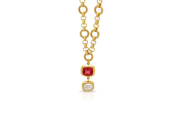 Serena Ansell Jewellery. Red Spinel and Diamond pendant. Little & Large chain. Diamond necklace. Double drop pendant.