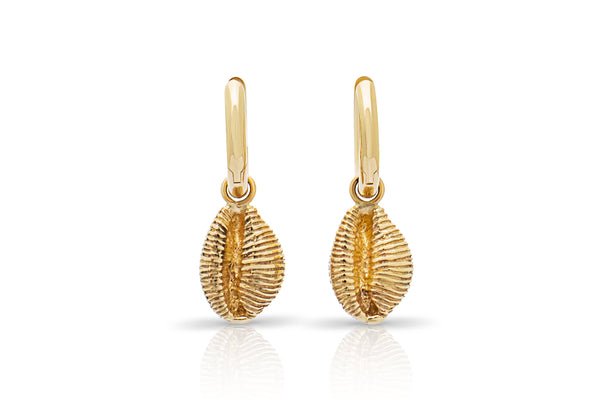 Langland Bay Earrings. Cowrie shell earrings. Solid gold cowrie shells. Cowrie shell jewellery. Those Happy Places. Serena Ansell Jewellery. 