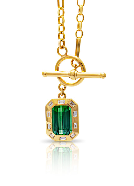 Green Tourmaline and diamond t-bar necklace. Serena Ansell t-bar necklace. Serena Ansell Jewellery.