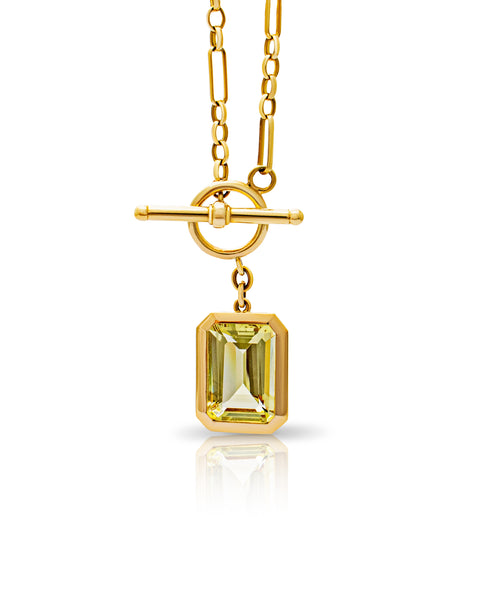 Yellow beryl t-bar necklace. Yellow gemstone necklace. Big yellow gemstone. Serena Ansell t bar necklaces. London jeweller. 