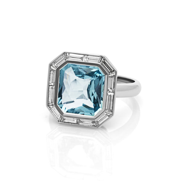 Aquamarine and diamond engagement ring. Bespoke engagement ring. Bespoke ring designer London. Serena Ansell Jewellery