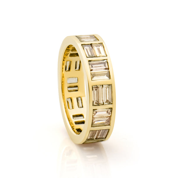 Brown diamond eternity ring. Brickwork baguette diamond ring. Baguette diamond ring. Diamond band. Serena Ansell Jewellery.