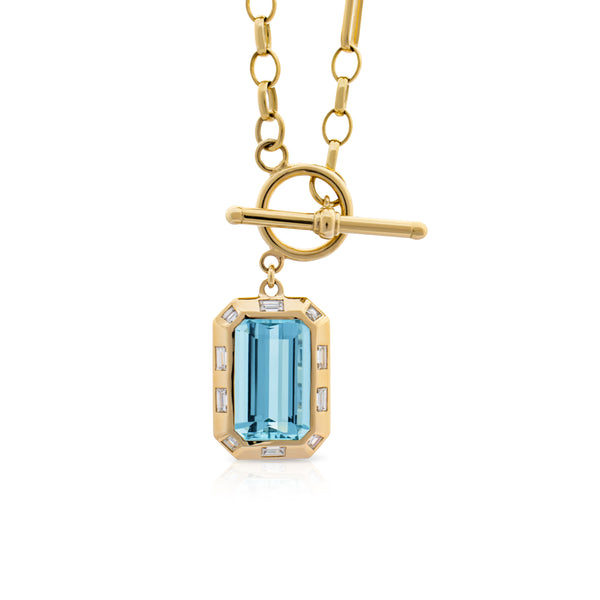 Blue beryl and diamond t-bar necklace. Serena Ansell t-bar necklace. Big blue gemstone necklace. Big gemstone pendant. Serena Ansell Jewellery. London jeweller. 