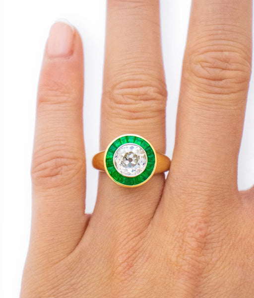 Engagement ring. Bespoke engagement ring. Emerald and diamond engagement ring. Target ring. Old cut diamond.