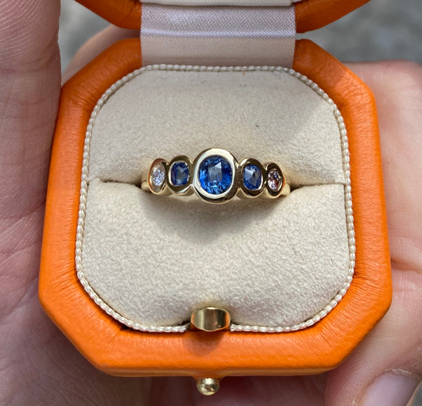 Sapphire and Diamond ring. 5 stone ring. Serena Ansell Fine Jewellery. Bespoke jewellery design. London jeweller. Bespoke ring designer London.