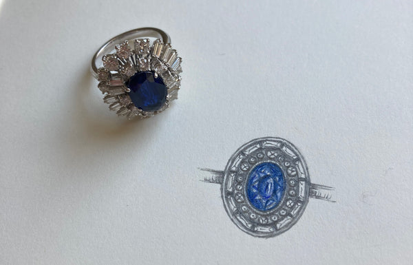 Sapphire and diamond cocktail ring. Bespoke cocktail ring design. Bespoke jewellery designer London. Serena Ansell Jewellery.