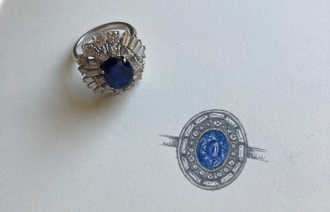 Sapphire and diamond cocktail ring. Vintage jewellery redesign. Repurposed jewellery. Heirloom jewellery. Bespoke ring. Bespoke jewellery designer London. Bespoke jeweller. London jewellery. Serena Ansell Fine Jewellery. 
