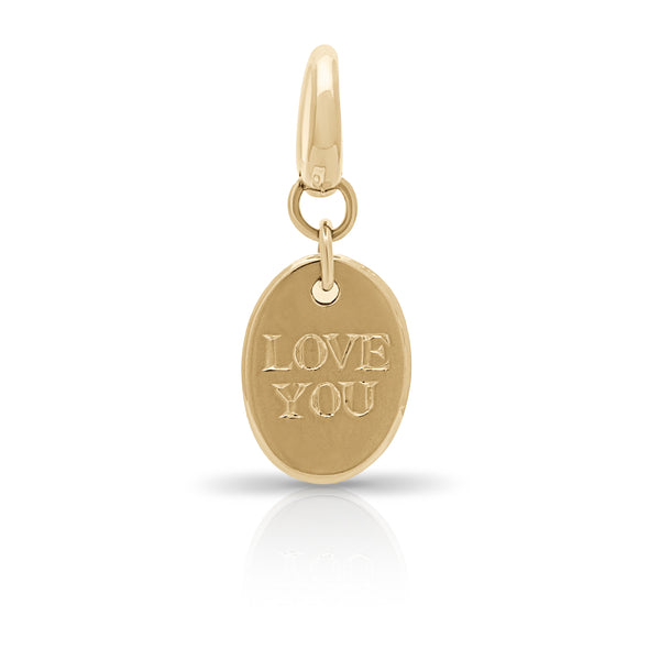 Love you pendant charm. Hand engraved pendant. Romantic jewellery. Gold disc pendant. Personalised pendant. Personalised charm.