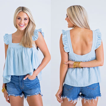 POWDER BLUE LINEN RUFFLE TANK