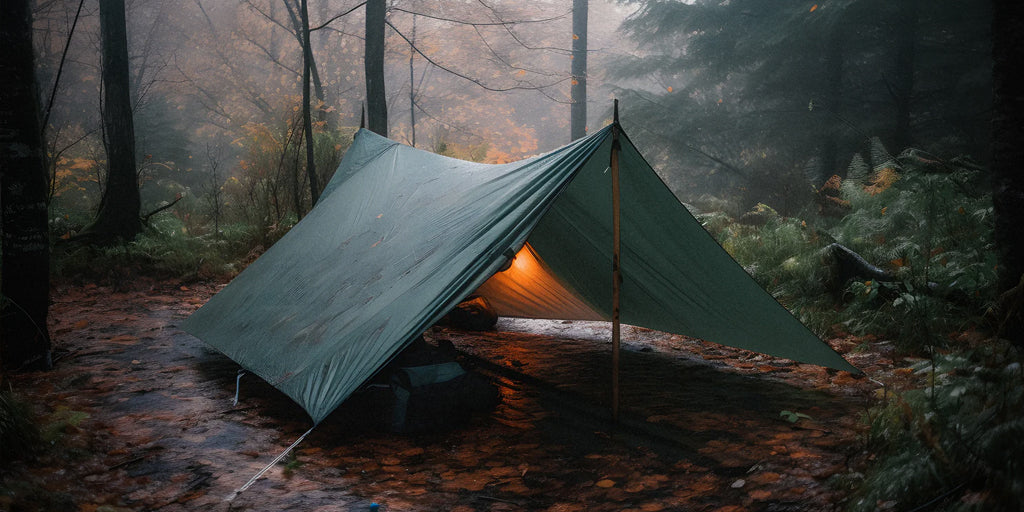 image of a bushcraft-style shelter in the woods