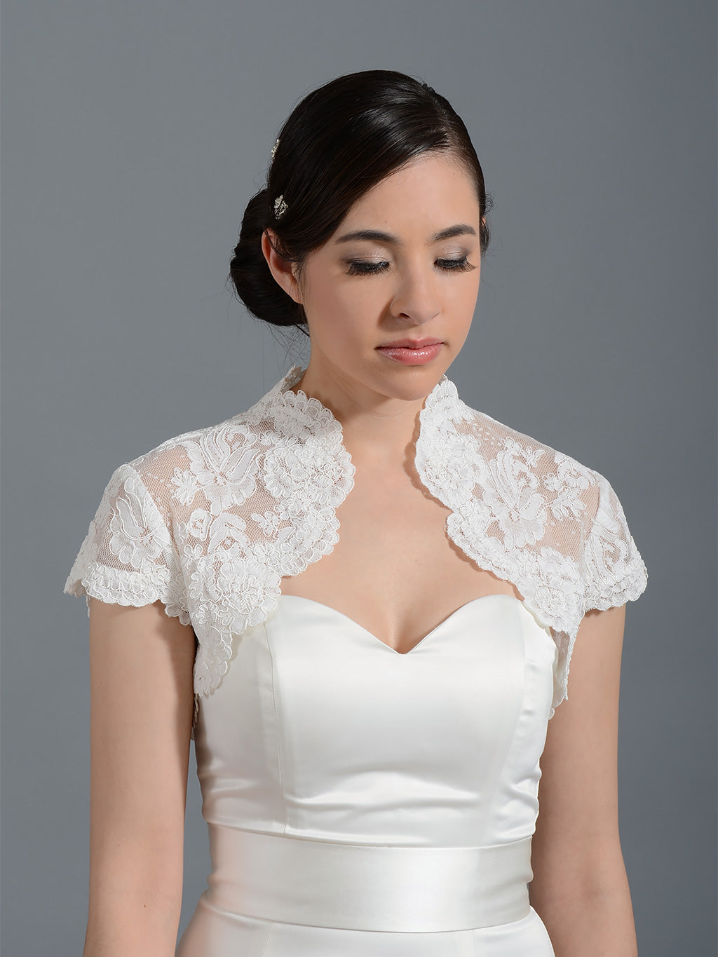 Mandarin collar alencon lace bolero, Tulip Bridal