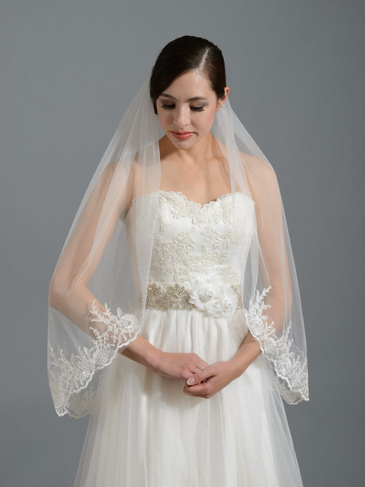 Cheap Ivory Alencon Lace Trim Long Wedding Veil