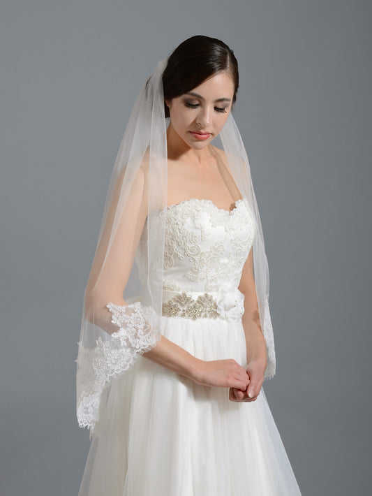 Tulip Bridal Ivory Short Elbow Alencon Lace Wedding Veil V050