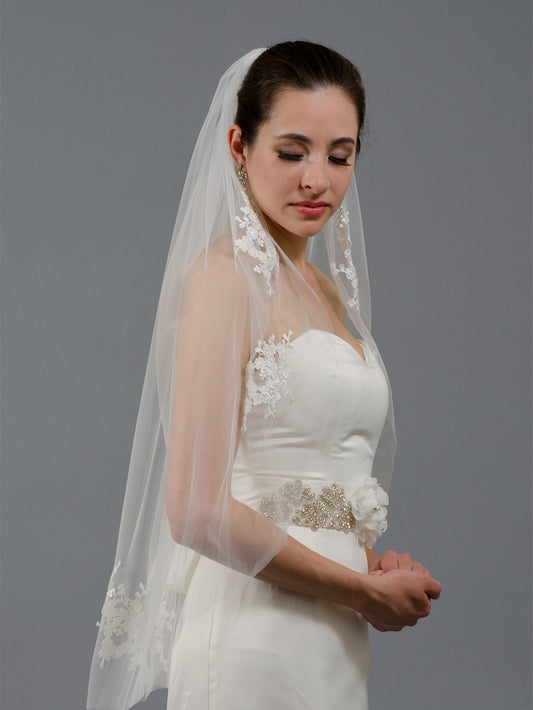 Ivory wedding veil with beaded lace appliques V107 – Tulip Bridal