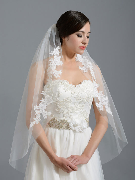 Ivory Wedding Veil with Lace Appliques V106, Fingertip (45)