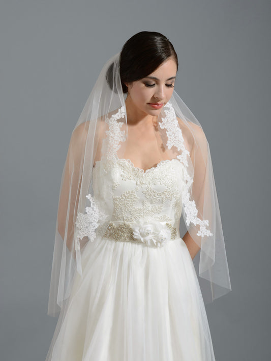 Wedding Chapel Veil with Lace Dragging Behind The Bride Alencon Lace Bottom  Wedding Veil TSDZ019